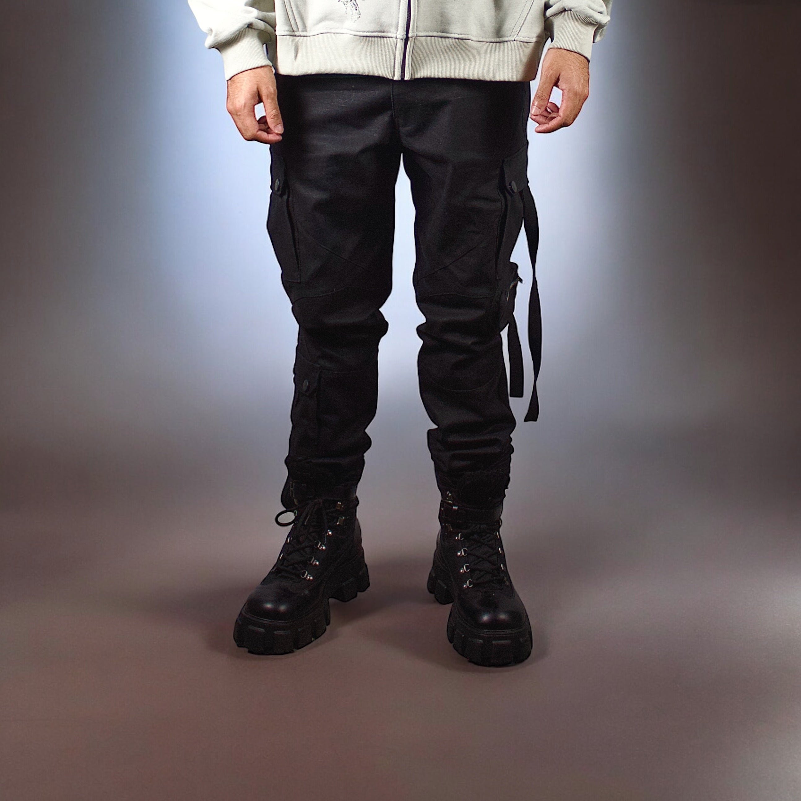 Waxed Tapered Utility Cargo Denim Black